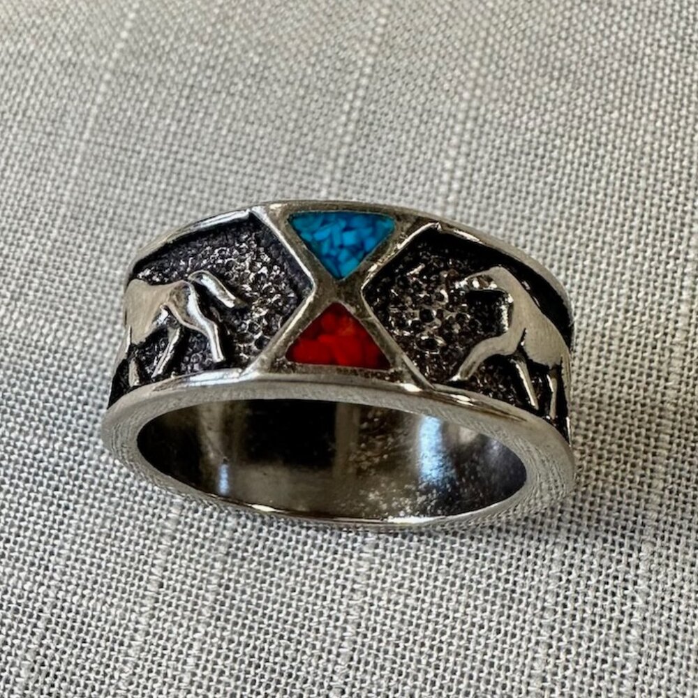 Sterling Silver Horse Accent Ring with Red and Turquoise Inlay - Picture 8 of 10